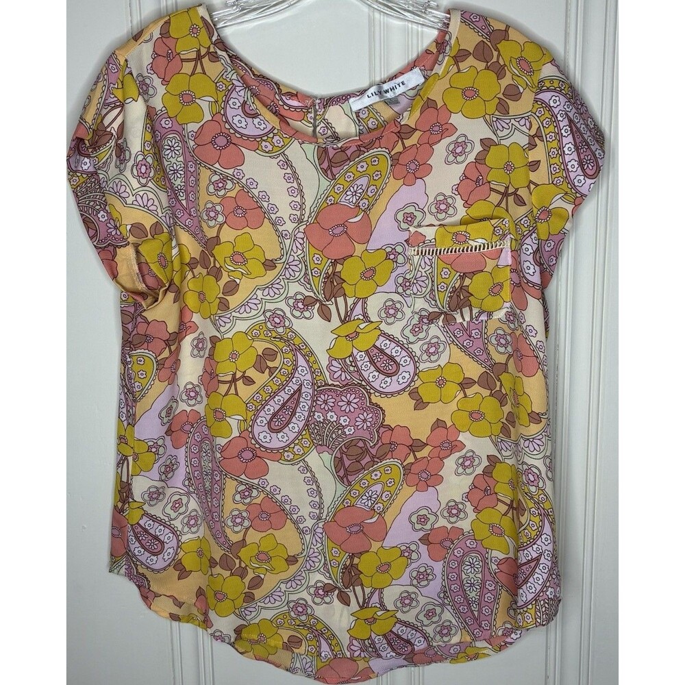 Women's Short Sleeve Top Size Lrg Retro Colors Floral Pattern Flowy Lightweight